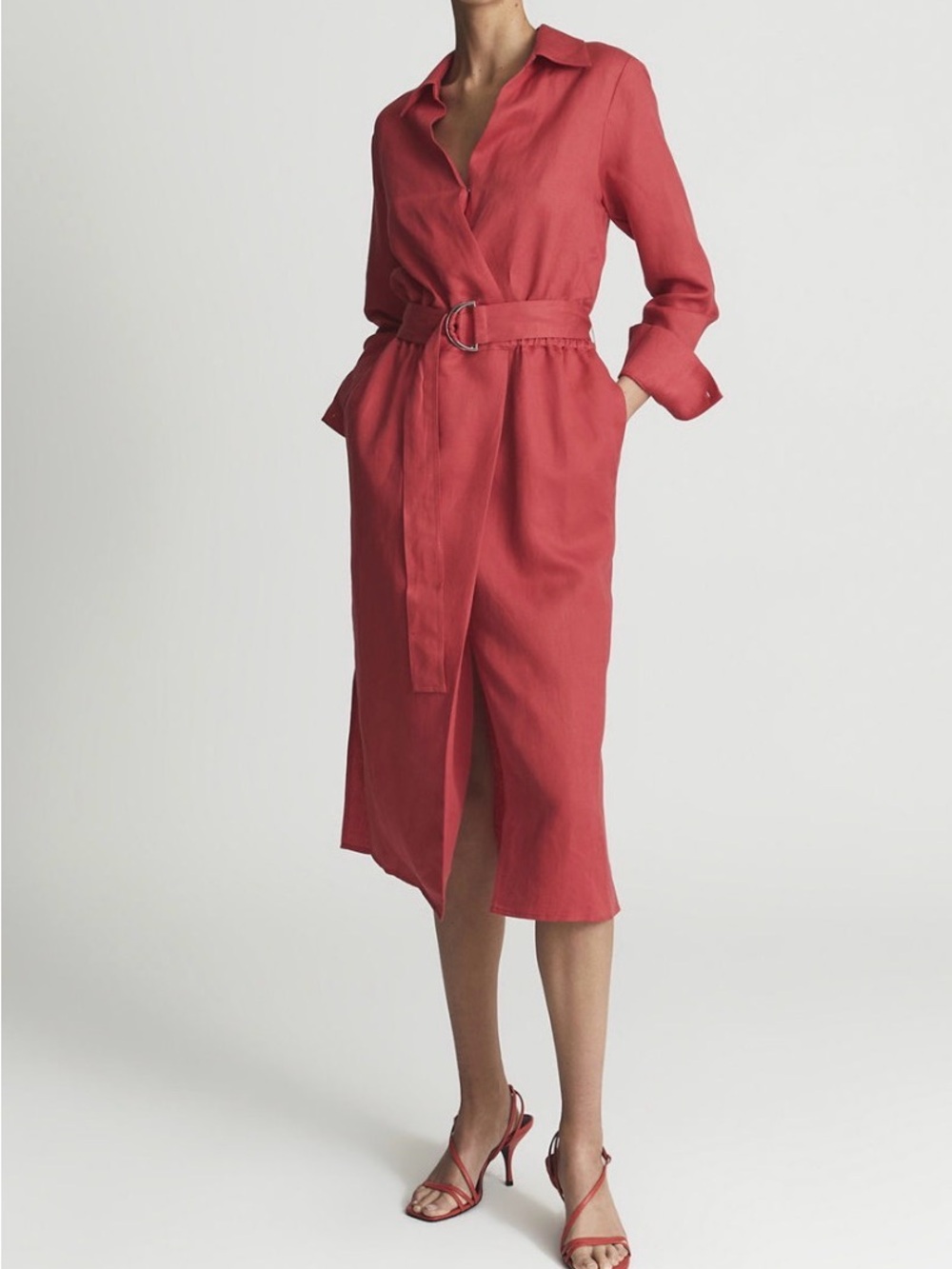 NWT Reiss Emily Coral Linen Belted Shirt Dress